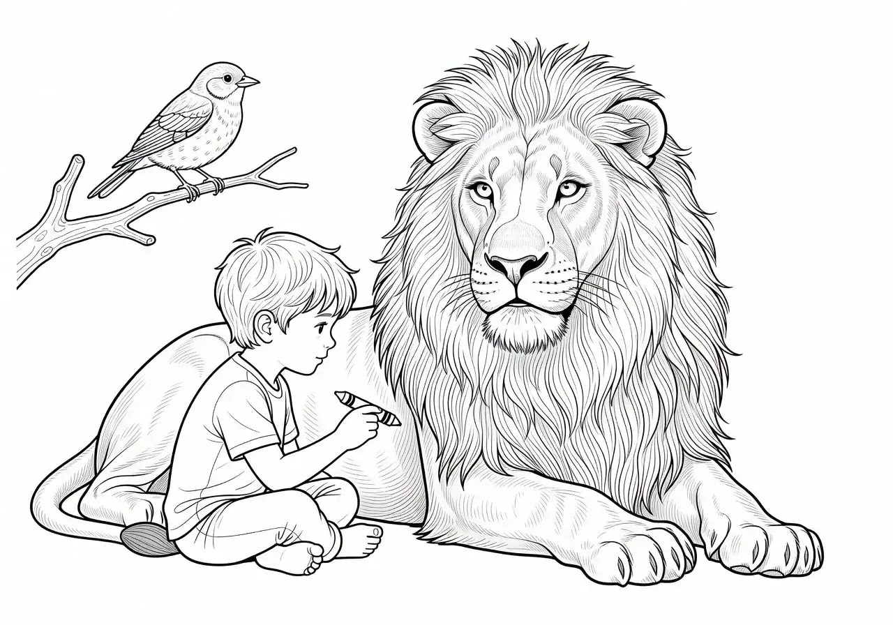 Un niño dibuja un león majestuoso y un pájaro en una rama. Estos dibujos realistas para colorear invitan a la imaginación.