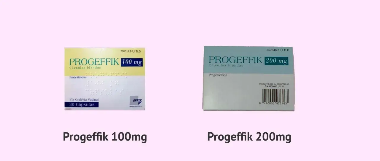 Cajas de Progeffik 100 mg y 200 mg, cápsulas blandas de progesterona.