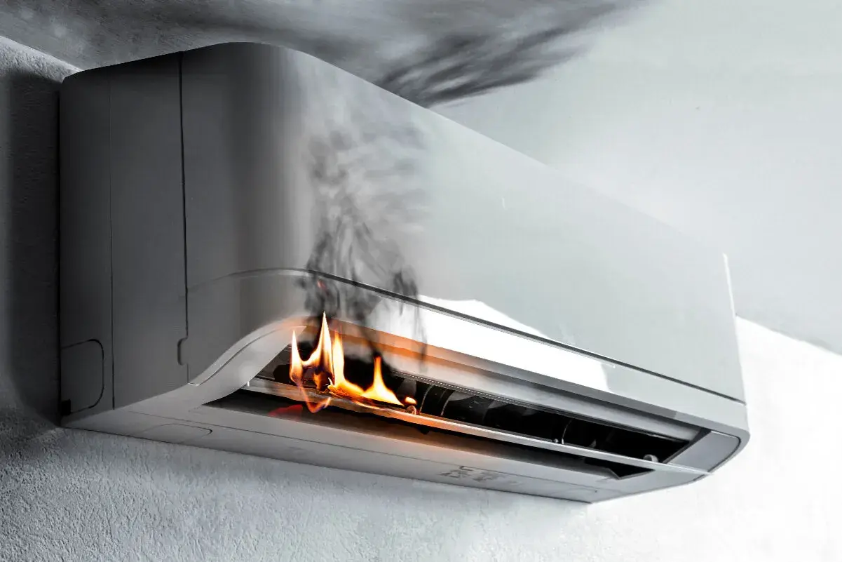 Climatiseur en feu, illustrant les effets néfastes de la climatisation. Fumée et flammes s'échappent de l'appareil.