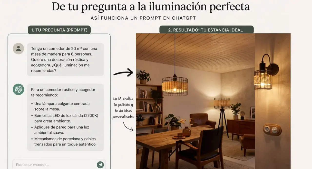 Comedor rústico con lámpara colgante de mimbre y bombilla de filamento LED, creando un ambiente cálido y acogedor.