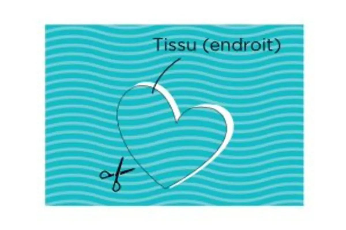 Un cœur dessiné sur un tissu bleu ondulé, prêt à être découpé pour un projet d'applique.