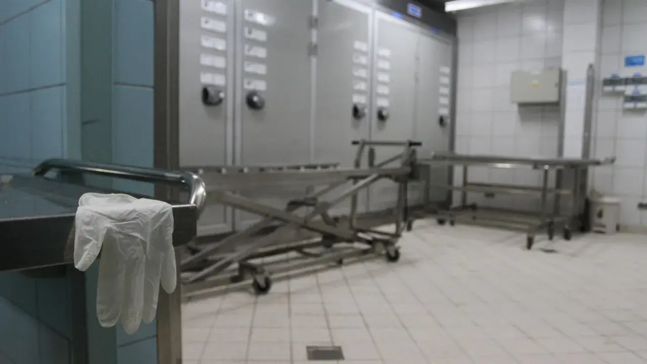 Wnętrze prosektorium: wózek do transportu, szafy chłodnicze i rękawiczka na uchwycie stołu.
