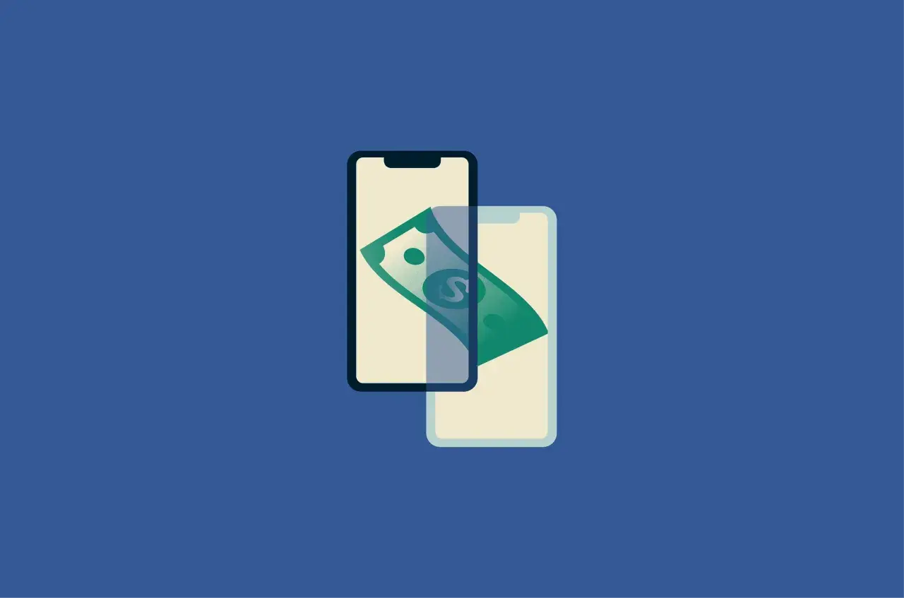 Dwa telefony komórkowe z zielonym banknotem. Czy PayPal jest bezpieczny? Płatności mobilne.