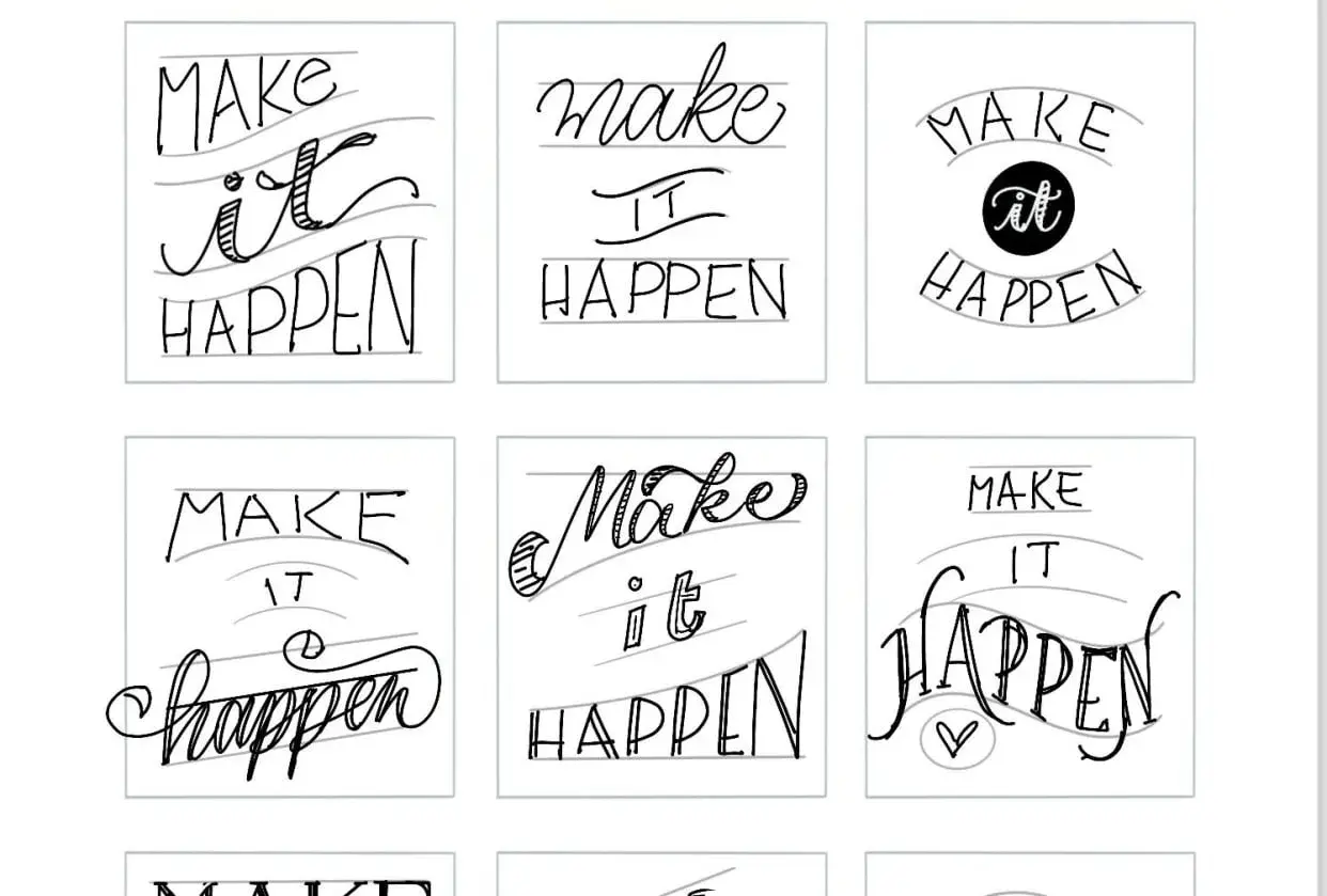 Seis ejemplos de **dibujos de lettering** con la frase "Make it happen" en diferentes estilos caligráficos.