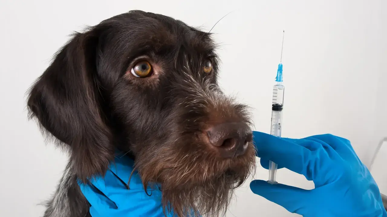 A brown dog looks nervously at a syringe held by a gloved hand, hinting at potential leptospirosis vaccine side effects.