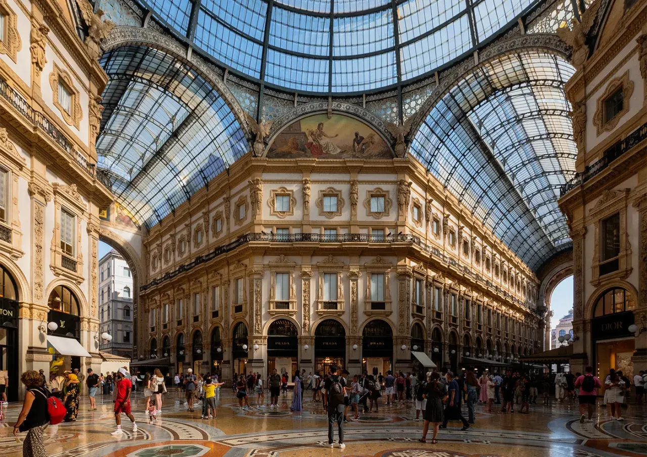 La Galleria Vittorio Emanuele II, un lieu emblématique pour savoir que faire à Milan. Architecture somptueuse, boutiques de luxe et foule animée sous la verrière.