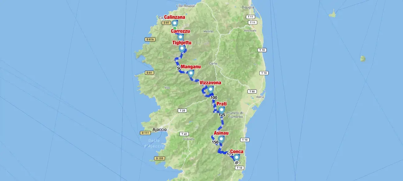Carte de la Corse montrant le parcours du GR20, de Calinzana à Conca. Idéal pour préparer le GR20 !