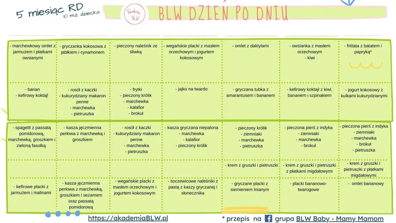 Tabela z propozycjami jedzenia dla niemowlaka metodą BLW, podzielona na dni. Znajdziesz tu pomysły na zdrowe posiłki.