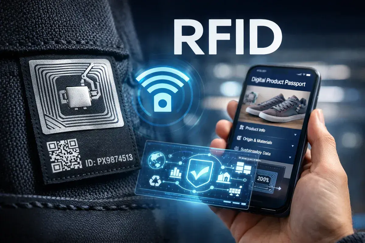 Karta RFID na metce ubrania, smartfon z cyfrowym paszportem produktu. Dowiedz się, karta RFID co to jest i jak działa.