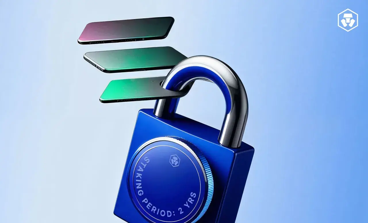 Lucchetto blu con "STAKING PERIOD: 2 YRS" inciso, tre smartphone colorati che passano attraverso l'arco. Sicurezza per il crypto staking.