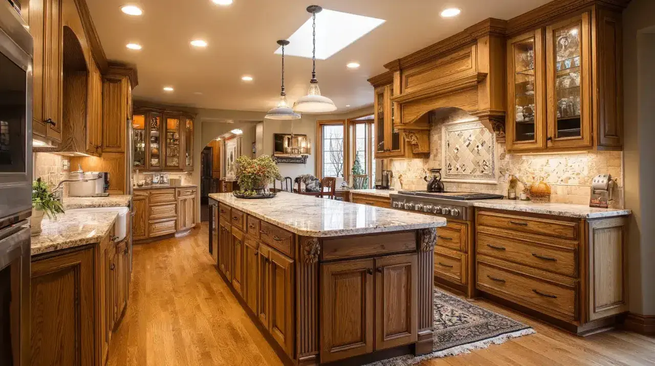 A bright kitchen with oak cabinets. Learn how to make oak kitchen cabinets look modern with updated hardware and a fresh countertop.