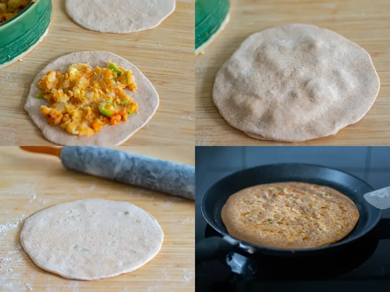 Fyra steg i tillagningen av aloo paratha: fyllning, hopvikning, kavling och stekning i panna.