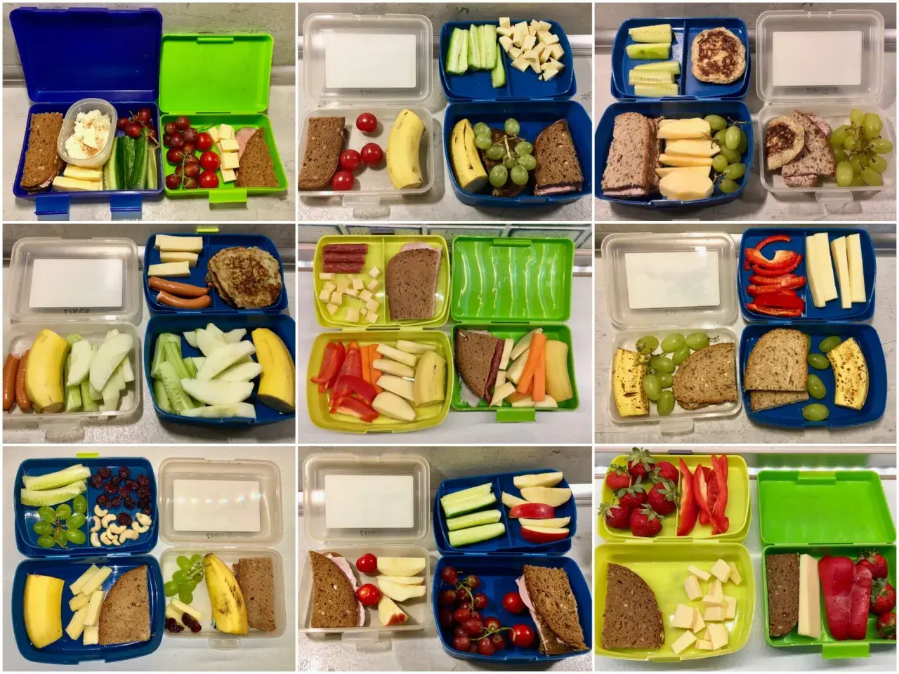 Bunte Brotdosen für den Kindergarten: gesunde und ungesunde Lebensmittel wie Obst, Gemüse, Käse, Wurst und Brot.