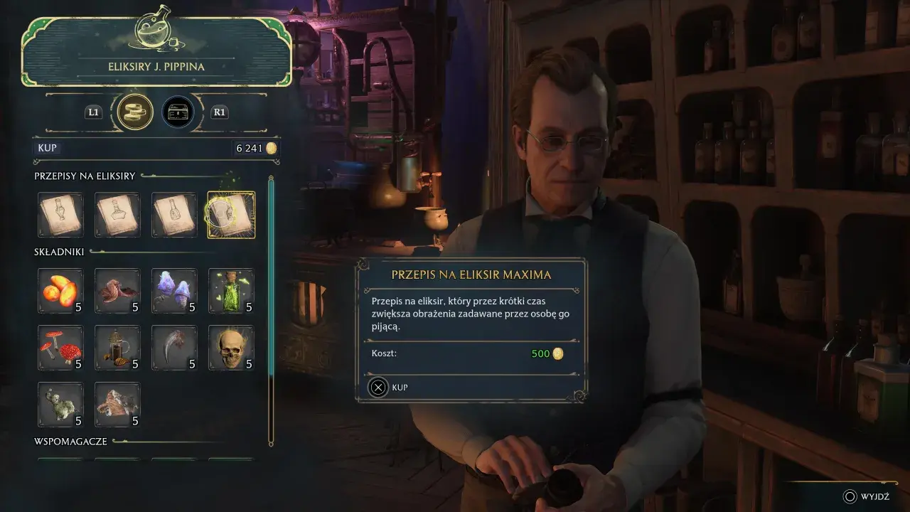 Gracz przegląda przepisy na eliksiry w grze Hogwarts Legacy, szukając eliksiru skupienia.