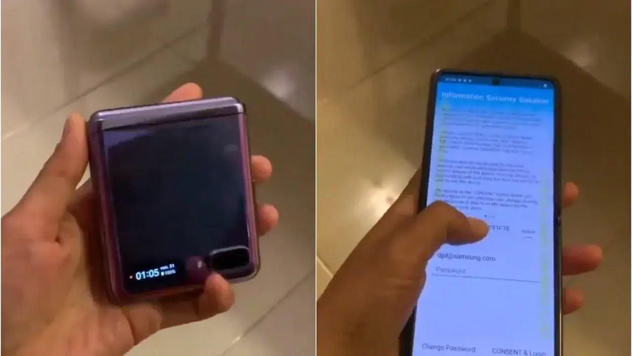 Składany telefon Samsung Galaxy Z Flip z fioletowym wykończeniem. Na ekranie widoczny jest tekst "Information Security Solution", który wyjaśnia, czym jest Samsung Pass.