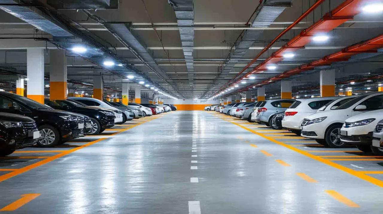 Rzędy samochodów na parkingu podziemnym, oświetlone jasnym, nowoczesnym oświetleniem.