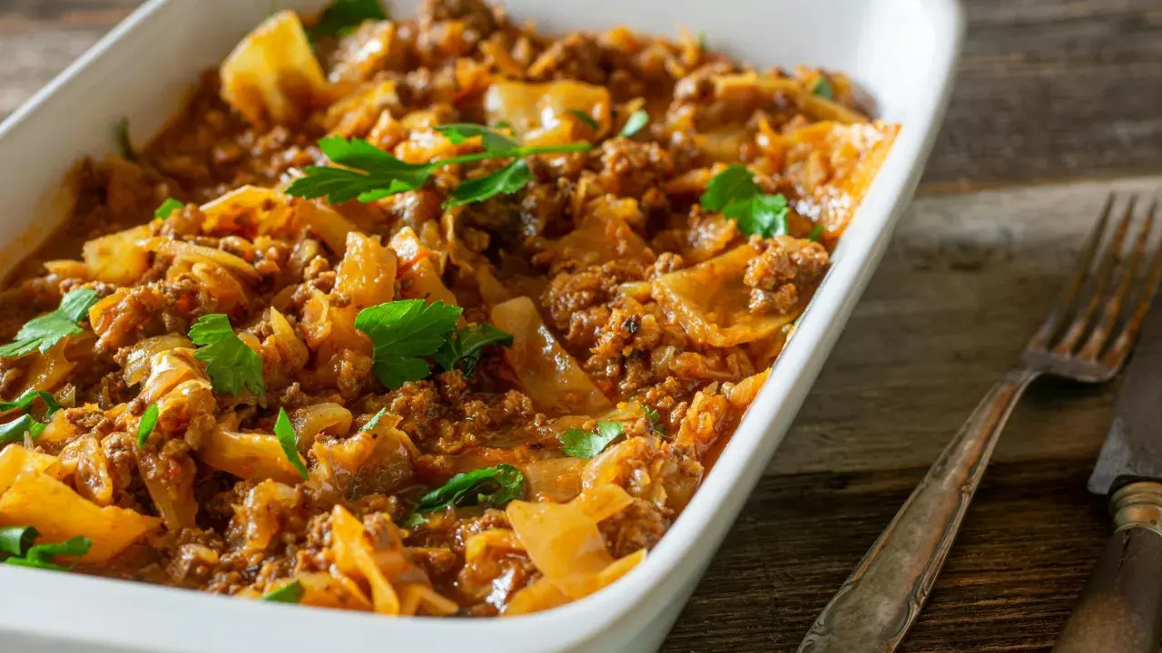 Herzhaftes Schichtkohl mit Hackfleisch, ein beliebtes DDR Rezept, serviert in einer weißen Auflaufform, garniert mit Petersilie.