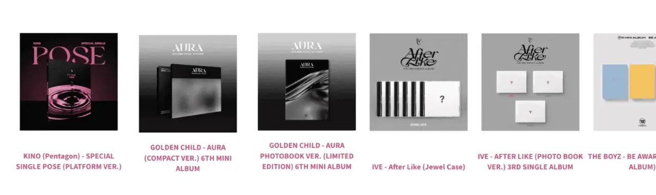 Collection de plusieurs albums de K-pop : KINO, Golden Child, IVE et The Boyz. Chaque music album présente un design unique.