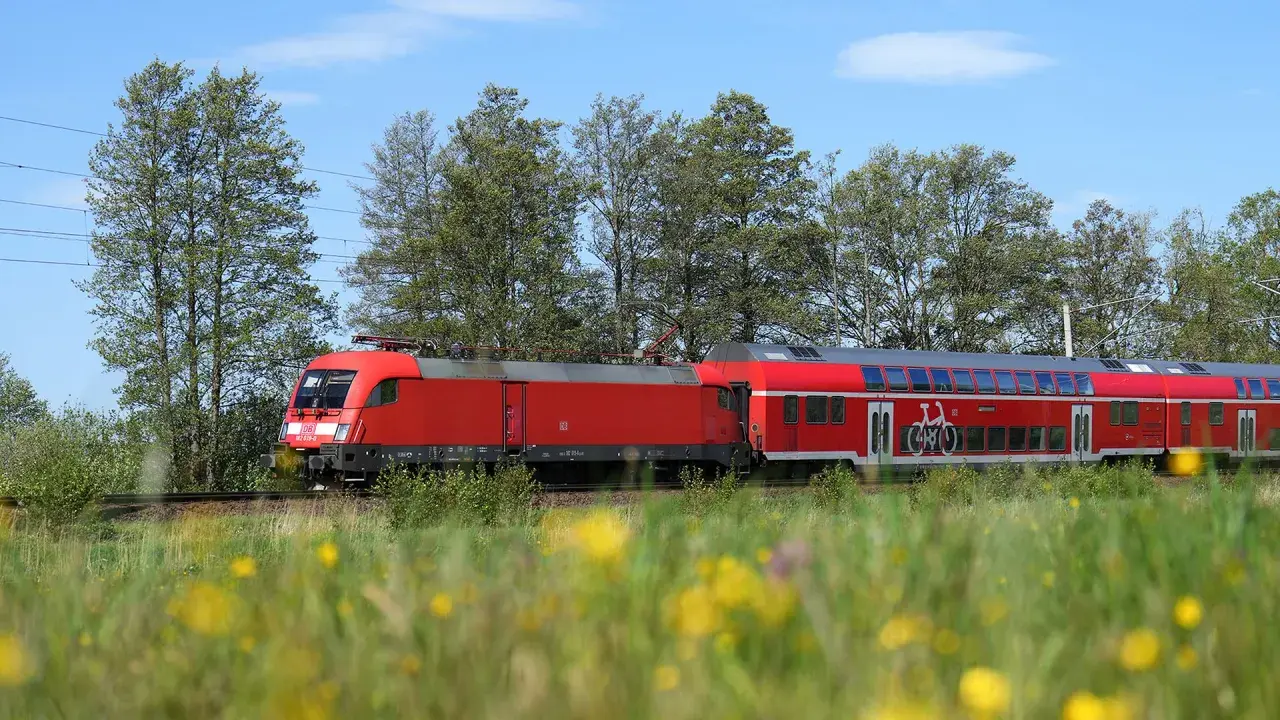 Roter Doppelstockzug mit Fahrradsymbol fährt auf der Strecke Berlin-Stettin durch blühende Wiesen und Bäume.