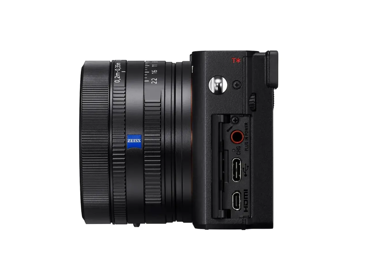 Sony RX1R III z obiektywem Zeiss. Widok z boku na porty USB, HDMI i gniazdo ładowania.