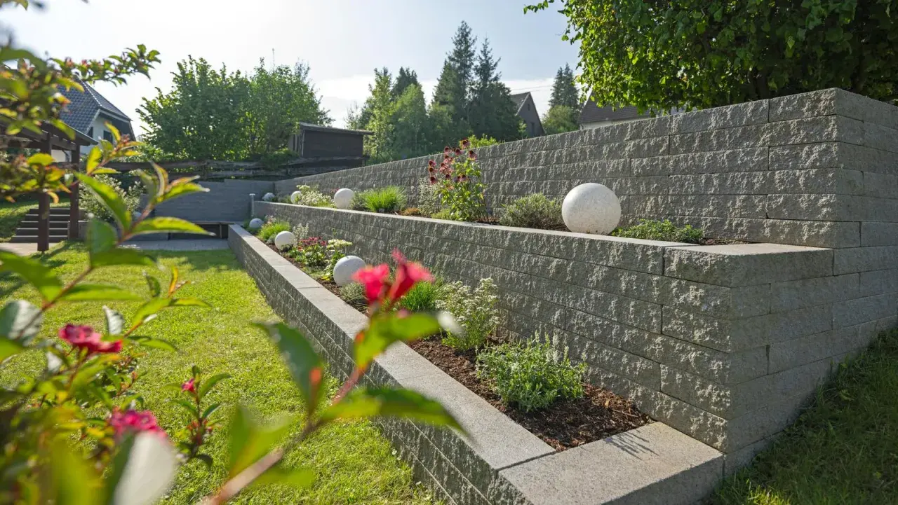 Moderne Gartenmauer mit Terrassierung und dekorativen Kugeln. Tolle Ideen für Gartenmauern, die Struktur und Stil verleihen.