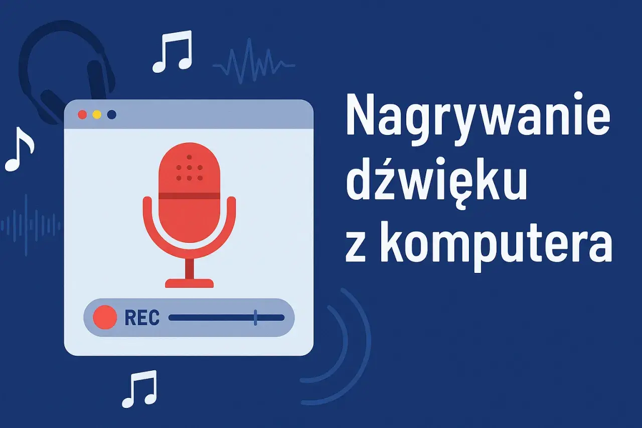 Ilustracja pokazuje interfejs programu do nagrywania dźwięku z komputerem. Ikona mikrofonu i przycisk REC sugerują, jak nagrywać na komputerze.