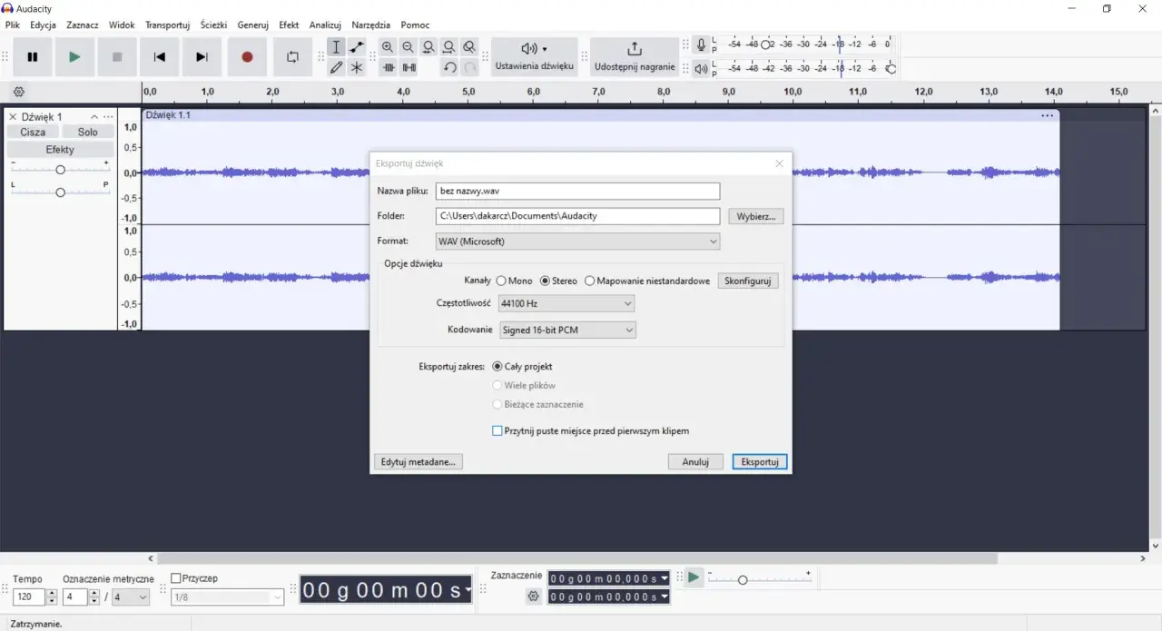Audacity po polsku: okno eksportu dźwięku z ustawieniami formatu WAV, częstotliwości i kodowania.