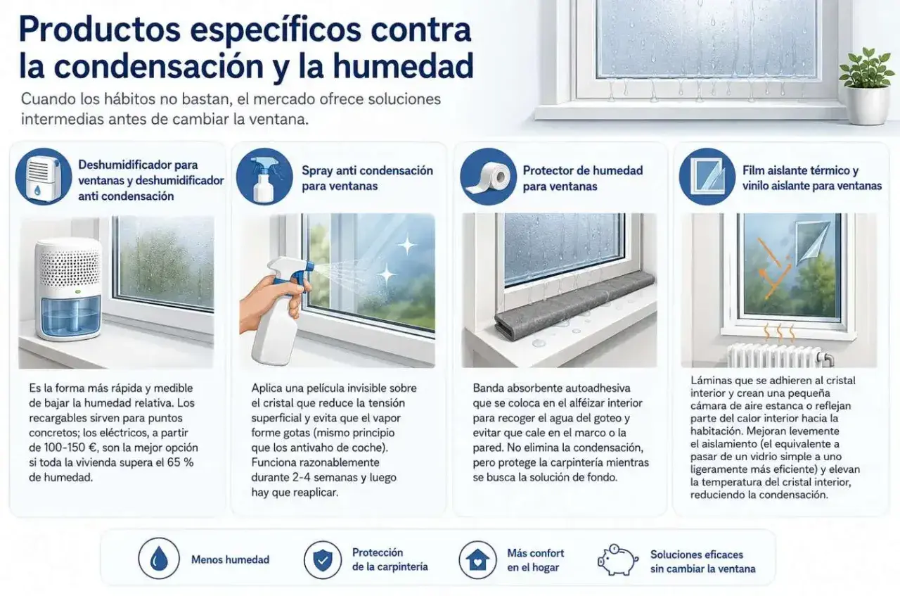 Soluciones para combatir el aire saturado: deshumidificador, spray anti condensación, protector de humedad y film aislante para ventanas.