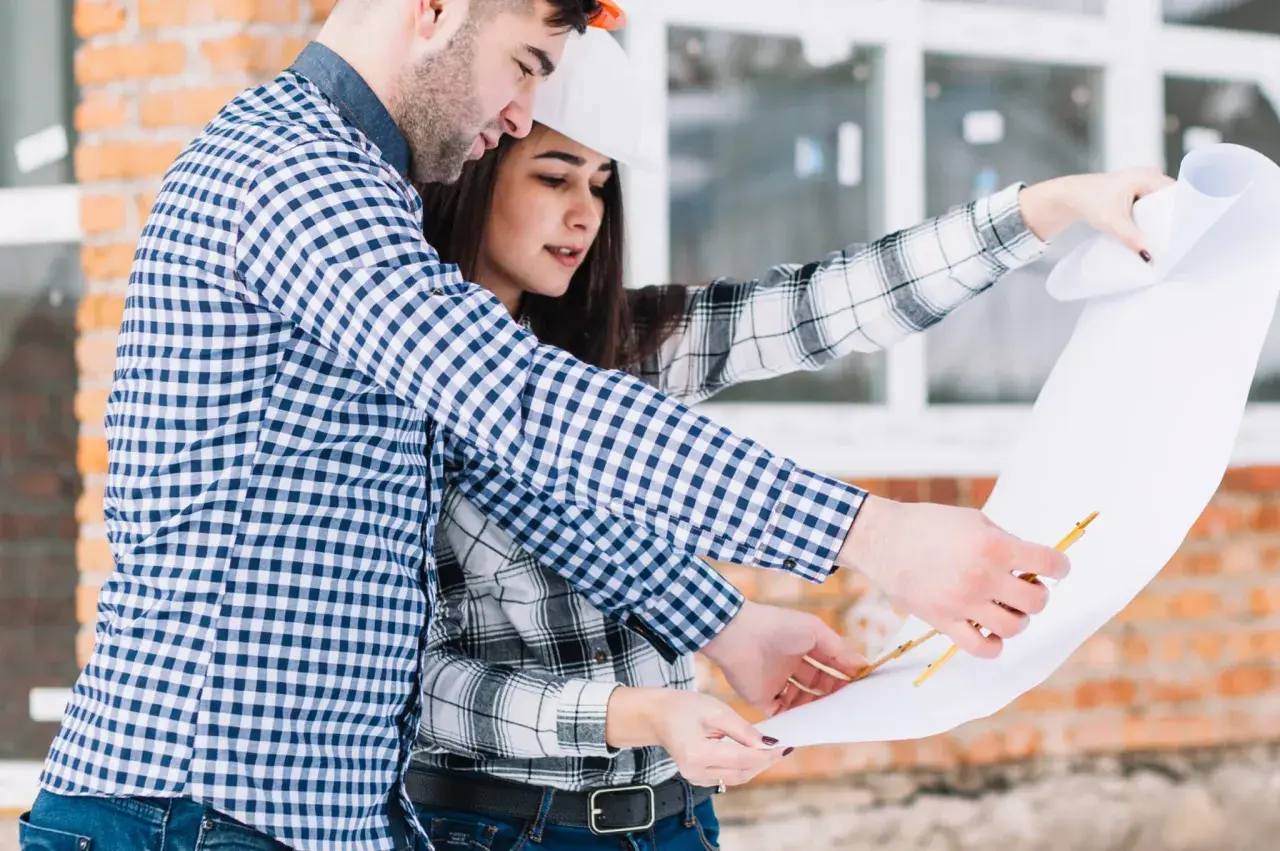 Pareja revisa planos de construcción. Saben qué se necesita para tasar una vivienda, analizando cada detalle.