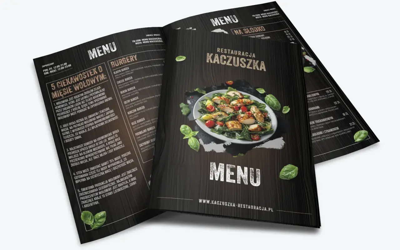 Menu restauracji Kaczuszka z opisem burgerów i deserów. Karta menu projektu zawiera apetyczne zdjęcia potraw.