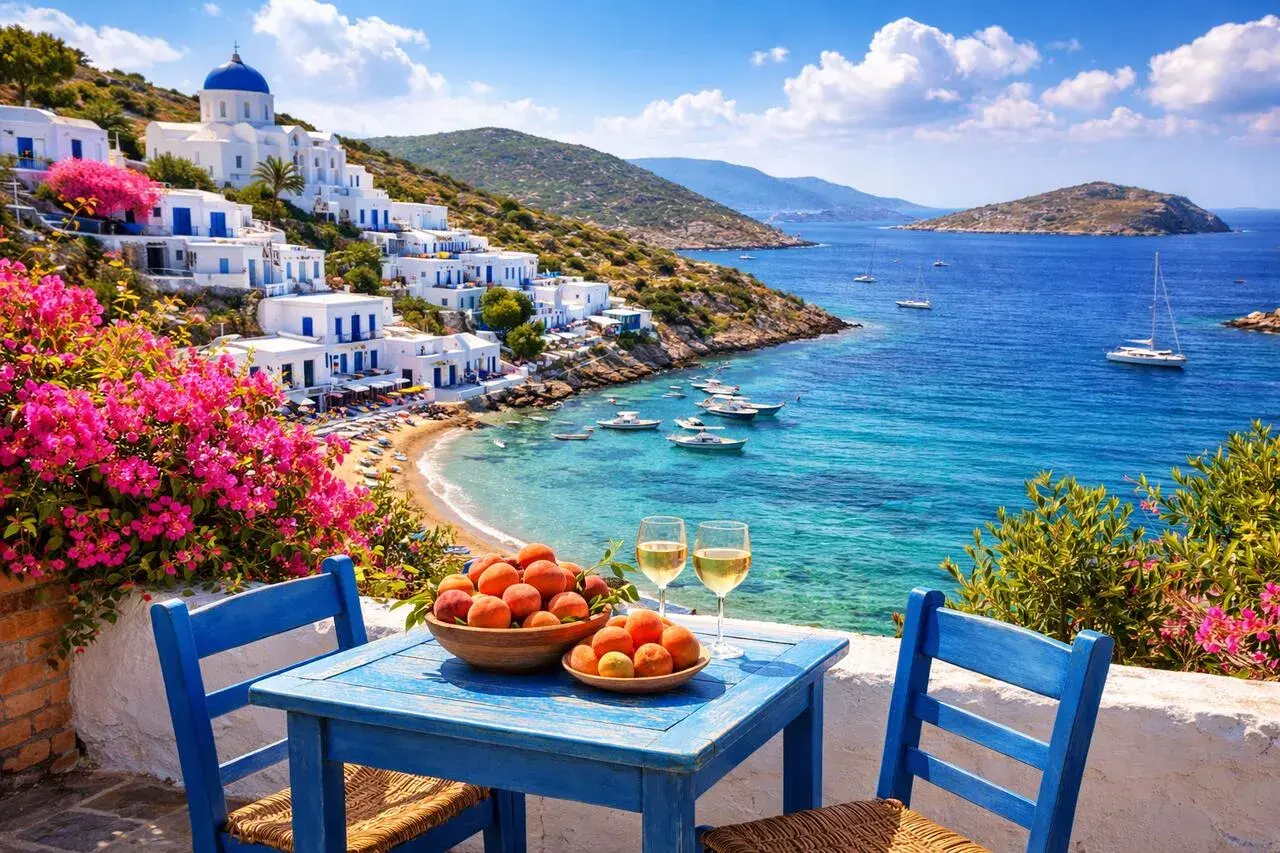 Un perfecto día de viaje a las islas griegas: mesa azul con fruta y vino, frente a un mar turquesa y casas blancas en la ladera.