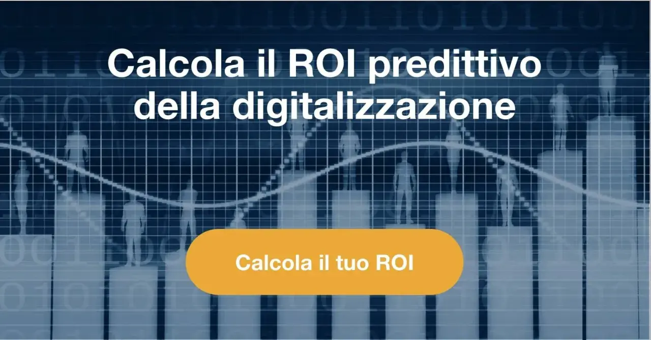 Grafico con silhouette umane su barre, testo "Calcola il ROI predittivo della digitalizzazione". Un esempio pratico di analisi costi-benefici.