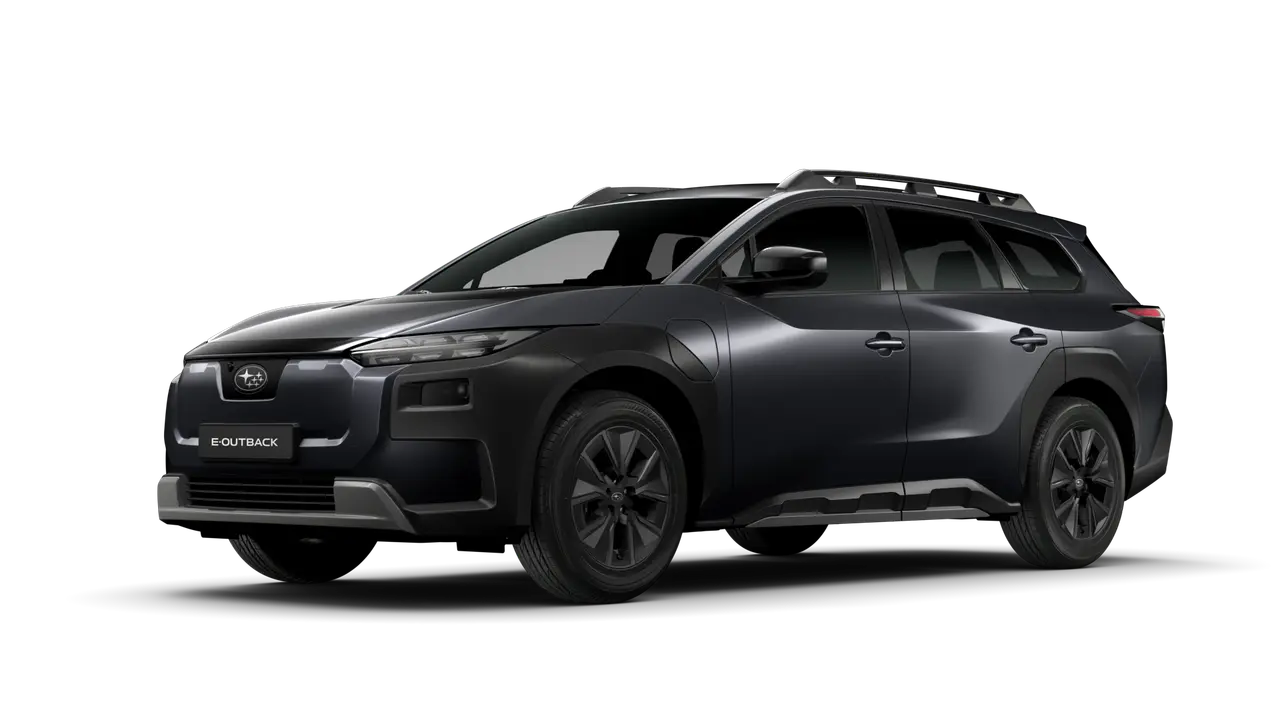 Mörkgrå Subaru E-Outback, en elbil. Inga synliga problem med denna Subaru Outback.