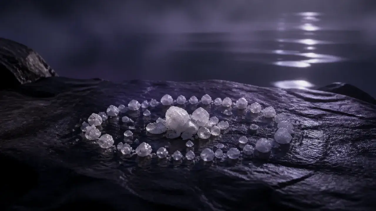 Cristales de sal forman un círculo sobre roca oscura, reflejando la luz lunar. Un paisaje onírico para soñar con sal.