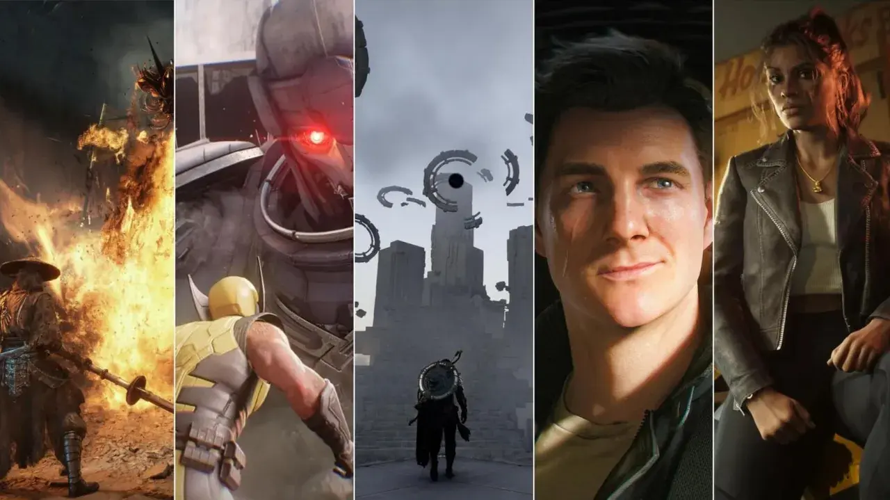 Kolekcja najlepszych gier akcji: wojownik w ogniu, Wolverine kontra robot, postać w surrealistycznym świecie, mężczyzna i kobieta w miejskim otoczeniu.