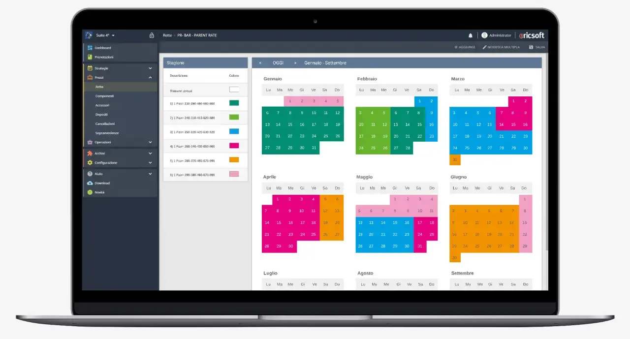 Interfaccia di gestione hotel con calendario e prezzi. La **hotel tech** mostra la pianificazione delle tariffe per ogni mese.