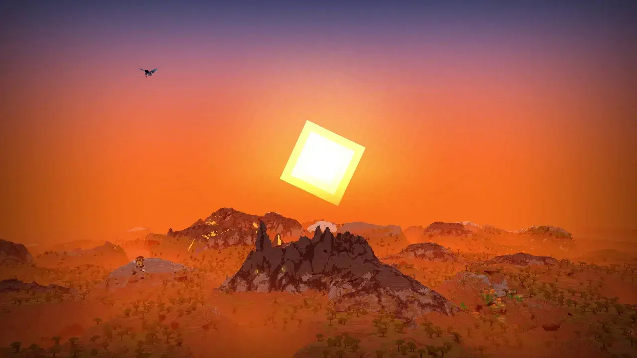 Krajobraz z gry komputerowej z widokiem na góry i pustynię, gdzie słońce świeci w sposób beyond belief shaders. Ptak leci na tle pomarańczowego nieba.