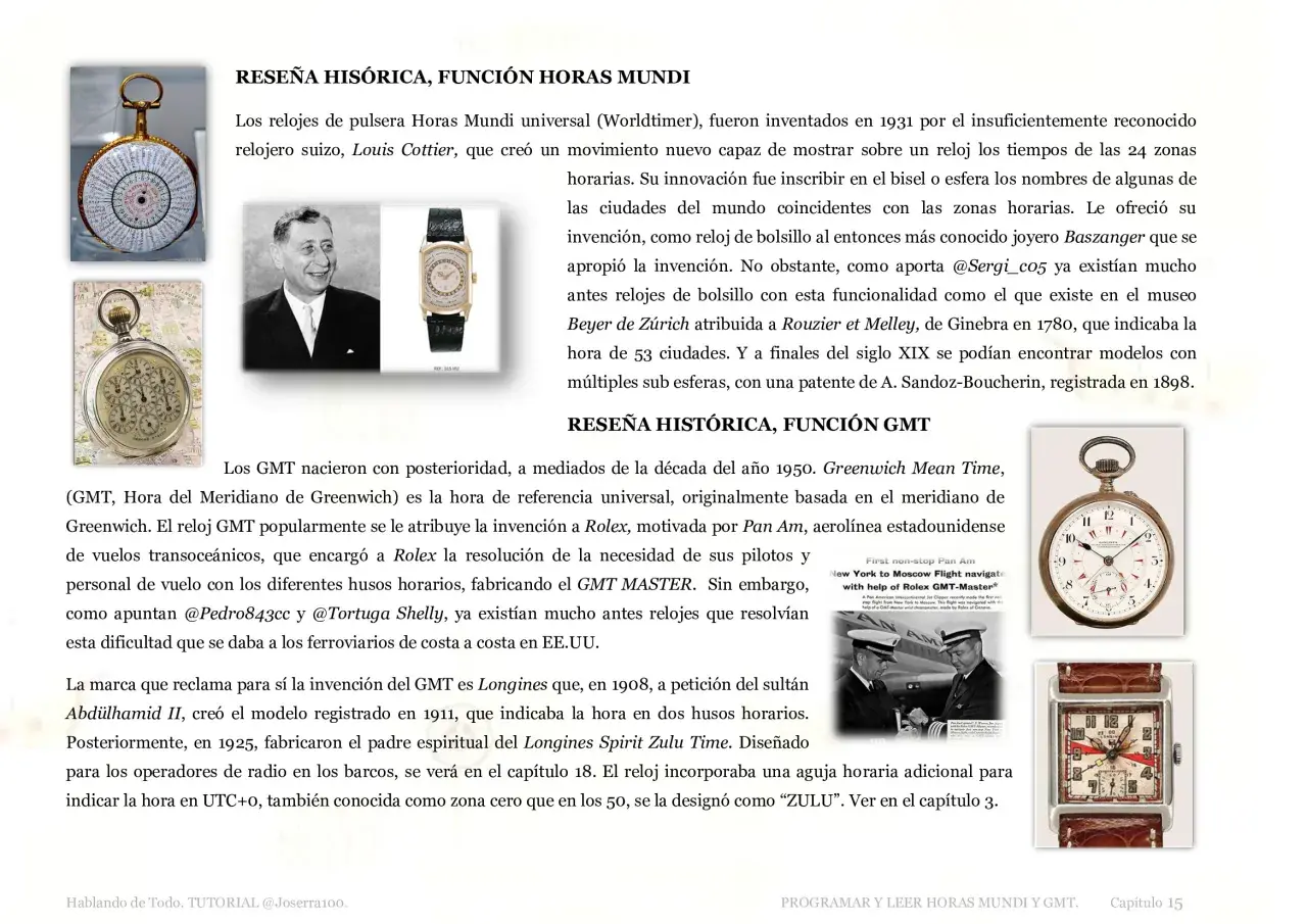 Relojes antiguos y modernos, incluyendo un reloj GMT que muestra múltiples zonas horarias, ideal para viajes.