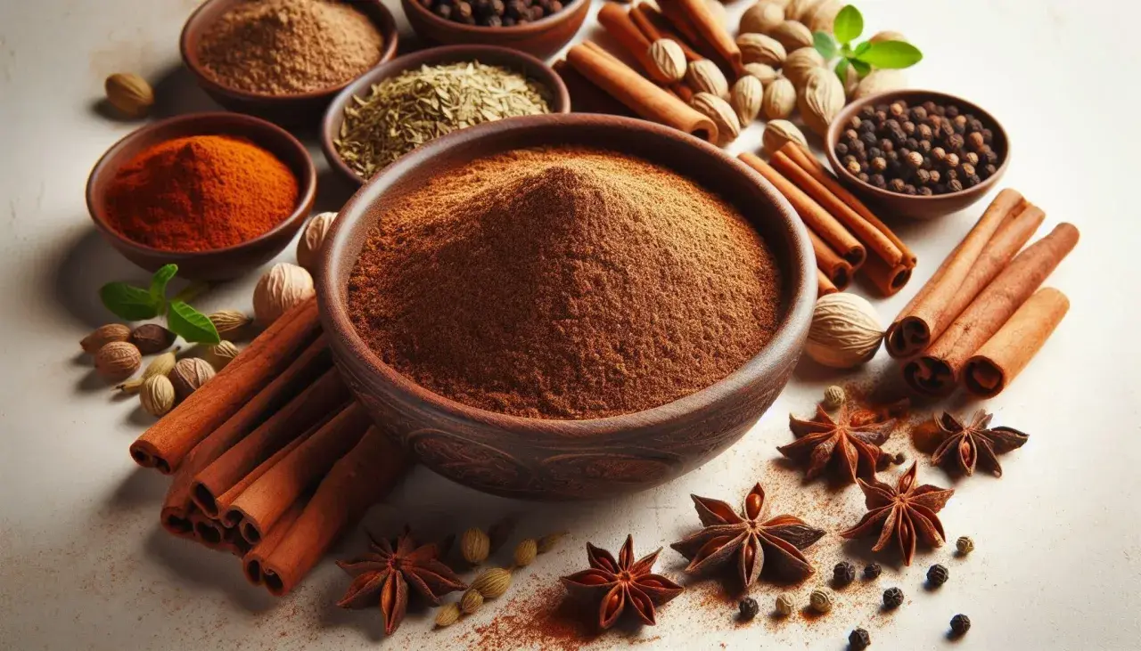 Mieszanka przypraw garam masala w misie, otoczona cynamonem, anyżem, pieprzem i gałką muszkatołową.