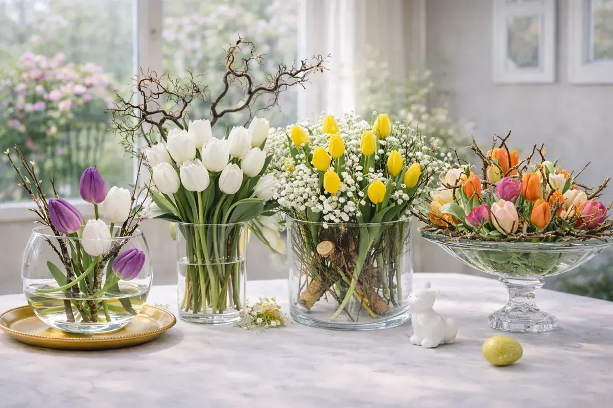 Frische Tulpenarrangements in Weiß, Gelb und bunten Frühlingsfarben. Tolle tulpen deko ideen für Ihr Zuhause.