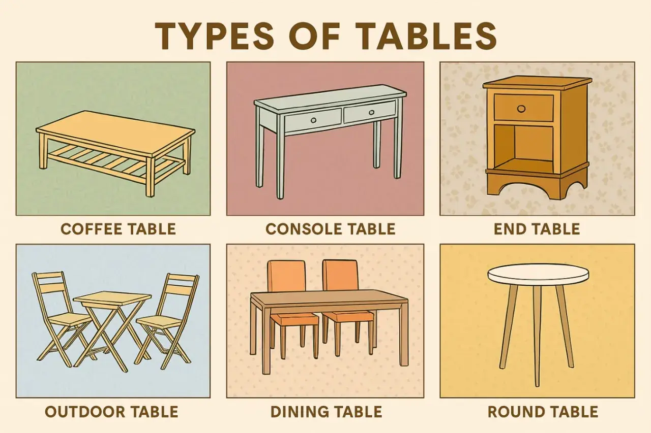 Illustrations of various dining table types and other tables, including coffee, console, end, outdoor, and round tables.