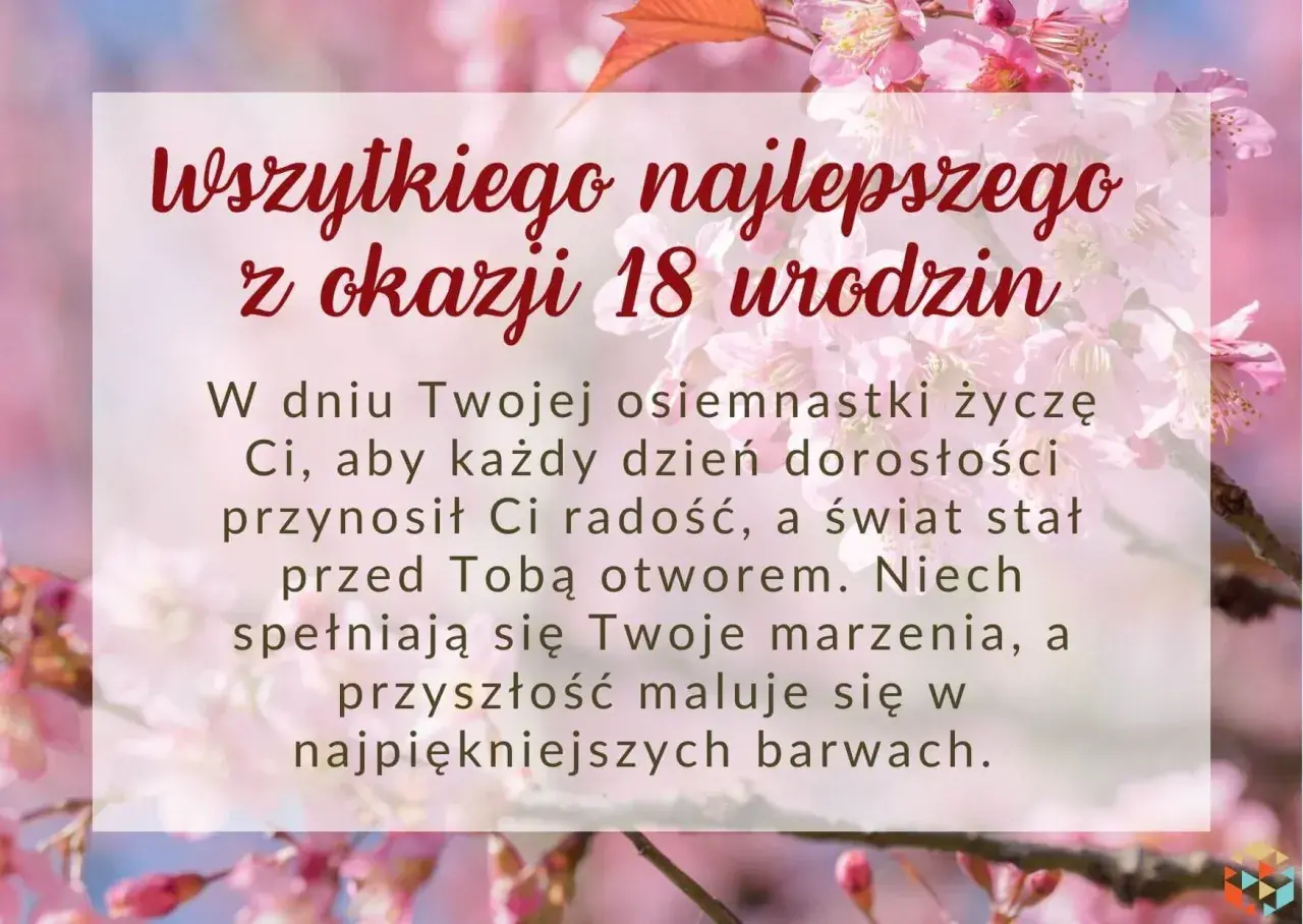 Życzenia na 18 urodziny z podziękowaniami dla rodziców. W tle kwitnące drzewo wiśni.