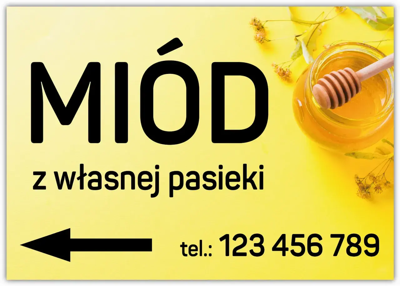 Miód z własnej pasieki. Rolniczy handel detaliczny. Słoik złocistego miodu i kwiaty lipy. Tel.: 123 456 789.