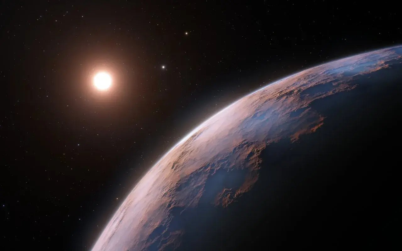 Widok z kosmosu na planetę o skalistej powierzchni, oświetloną przez gwiazdę Proxima Centauri.