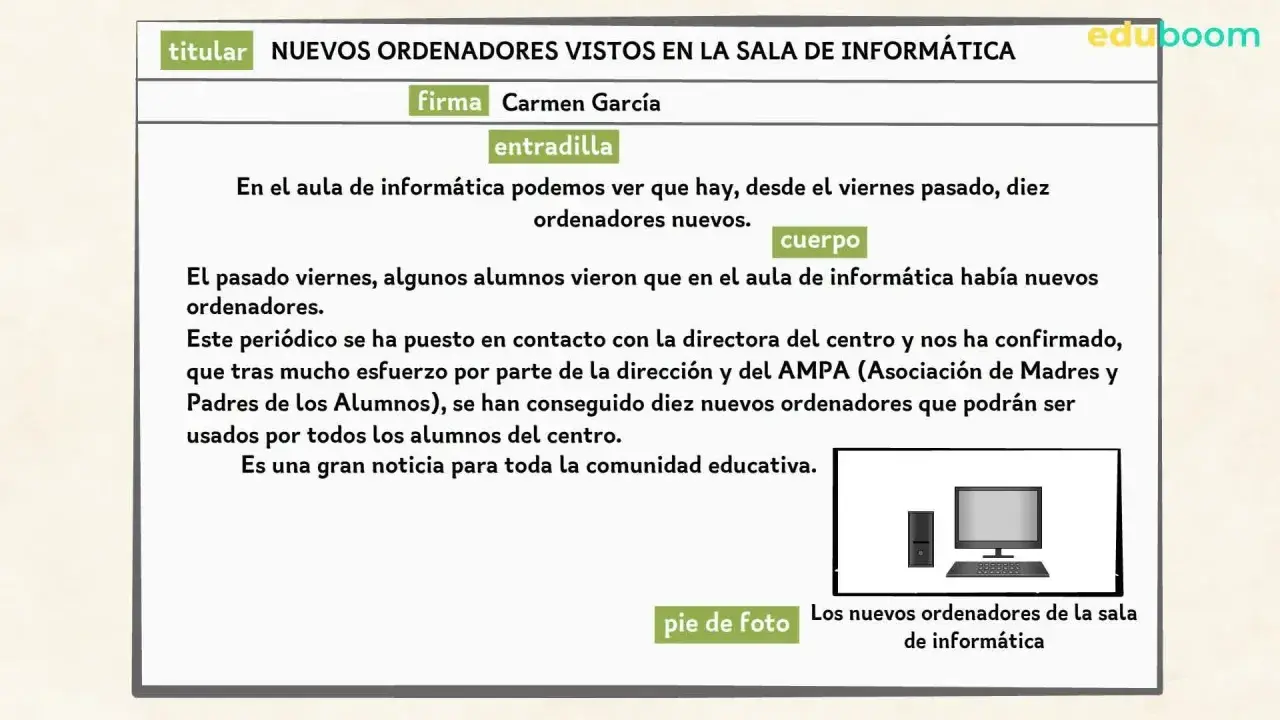 Noticia sobre nuevos ordenadores en el aula de informática, ideal para aprender como escribir una noticia para niños. Incluye foto.