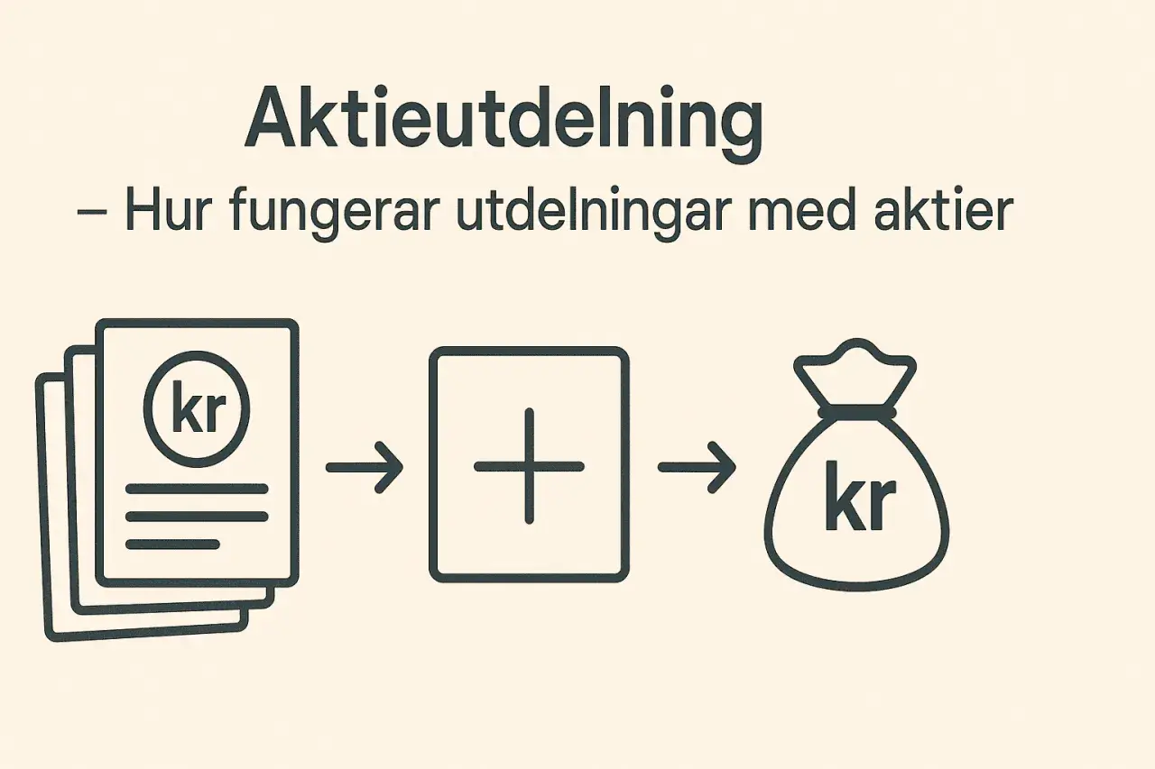 Grafisk illustration som visar hur aktieutdelning fungerar: aktier med "kr" leder till en summa pengar i en säck.