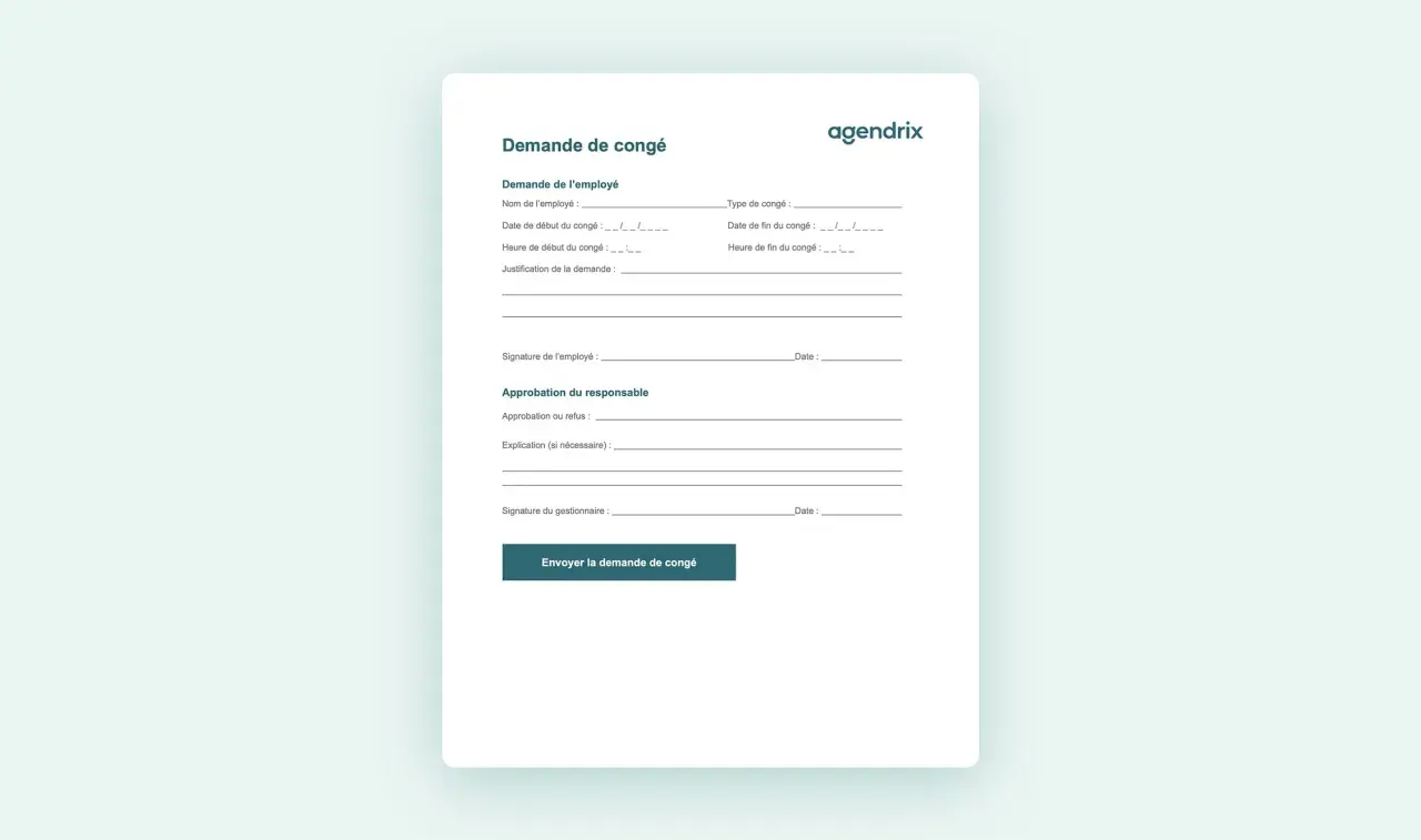 Formulaire de demande de congé pour un employé, incluant les détails du congé et l'approbation du responsable.
