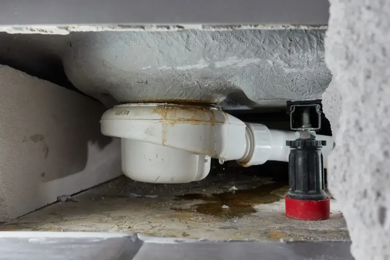 Undichter Duschabfluss mit Wasserflecken. Zeit, den abfluss dusche undicht reparieren.