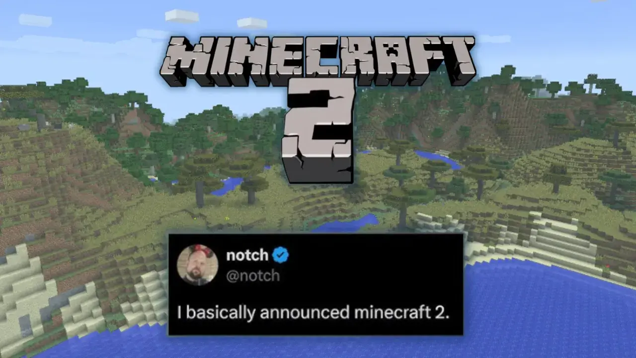 Grafika z napisem "MINECRAFT 2" i tweetem Notch'a: "I basically announced minecraft 2." na tle krajobrazu z gry.