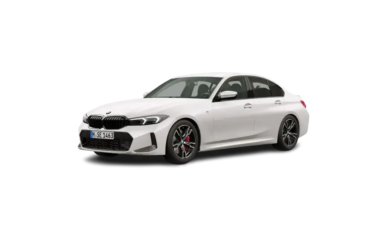 Białe BMW 318i z czarnym grillem i felgami, z czerwonymi zaciskami hamulcowymi.
